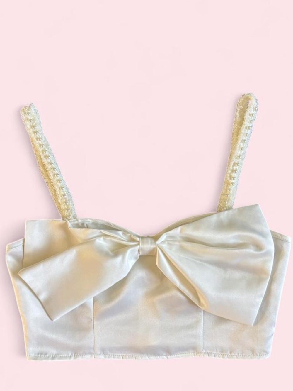 Classic Glam White Bow Crop Top with delicate faux Pearl Details.
